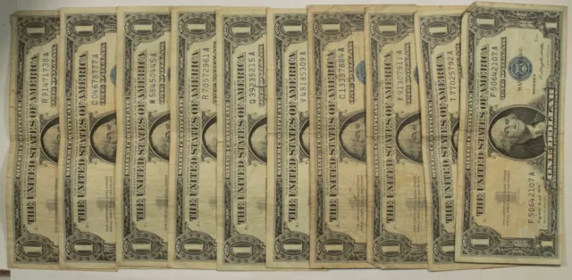 1957, 1957A, 1957B $1 Silver Certificates, Lot/10 - Average Circulated!