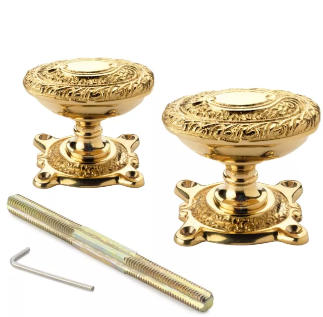 Polished Solid Brass Floral Ornate Oval Rim Mortice Door Knobs Knob Pair