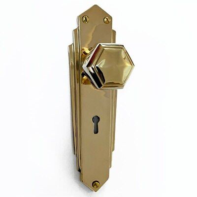 Pr of 1930`s Art Deco Reproduction Brass Hexagonal Door Knobs & Backplates PBU2