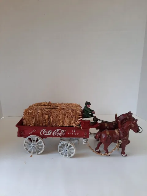 Vintage Cast Iron Coca Cola Delivery Wagon with Horses, And Hay Bale