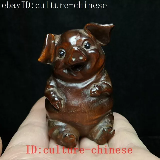 H 7 CM Old Chinese boxwood hand carved Animal pig Figure statue Gift collection