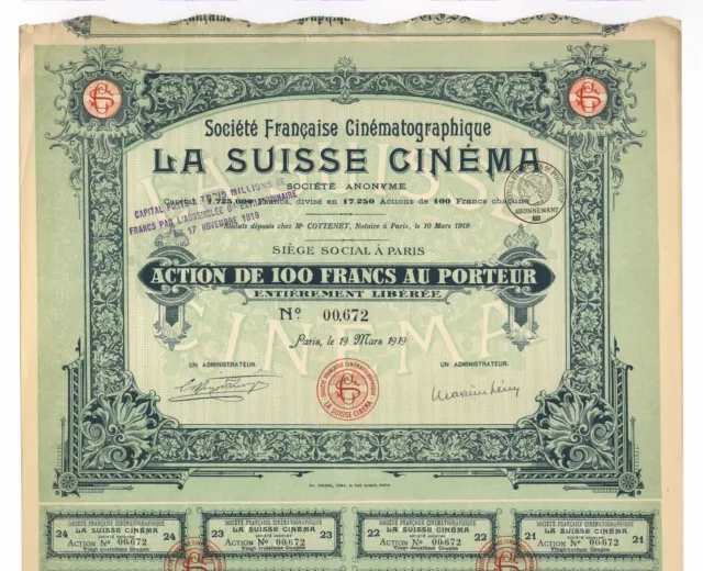 La Suisse Cinema S.A. - Gründer-Aktie über 100 Francs, Paris, vom 19. März 1919