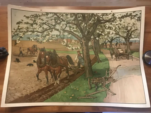 ~1910 Schulkarte Auf dem Felde Frühling Litho Schulwandkarte Meinhold & Söhne 2