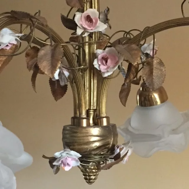 Antique FRENCH Bronze CHANDELIER Porcelaine Pink ROSES / Frosted White SHADES