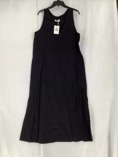 DKNY Donna Karan New York Black Linen Ladies Dress V-Neck Side Slits Size L