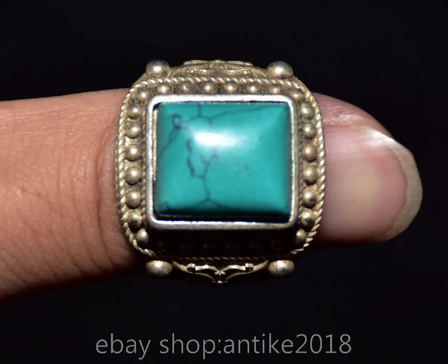 1.2" Old Chinese Silver Inlay Blue Tuquoise Butterfly Jewelry Ring Finger Rings