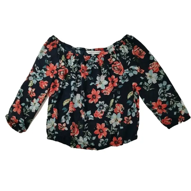 Revolve Cupcakes & Cashmere Navy Blue Floral Off the Shoulder Shirt Women XS