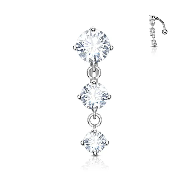 Belly Button Navel Rings Three Prong Set Round CZ Vertical Drop Top Drop