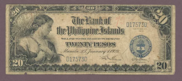 Bank Of The Philippine Islands Series 1928 20 Pesos Banknote