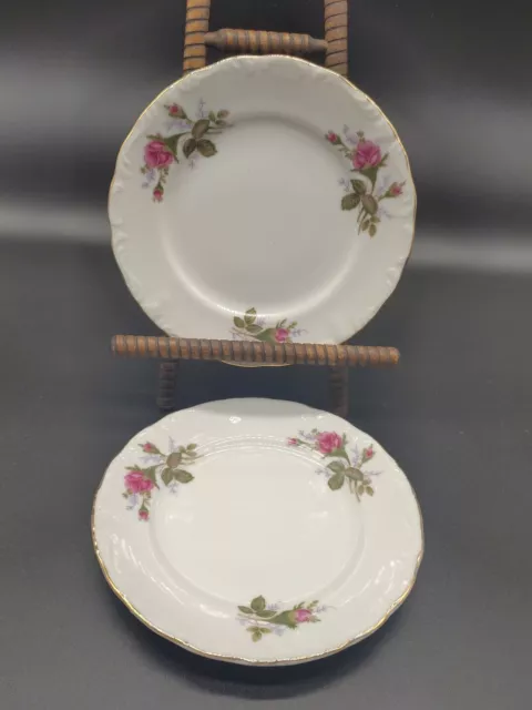 Set Of 2 Vintage Pink Moss Rose Bread & Butter Plates Japan Gold Trim 6"