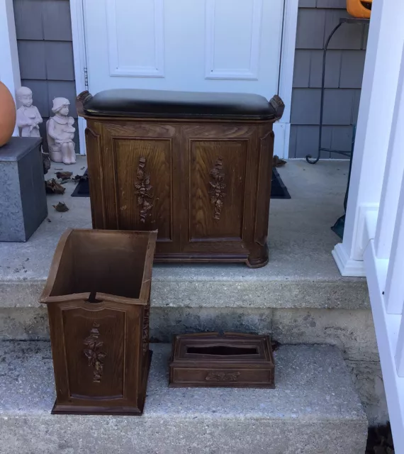 VINTAGE Pearl Wick FAUX WOOD Clothes Hamper Padded Seat Trash Can Tissue Box SET