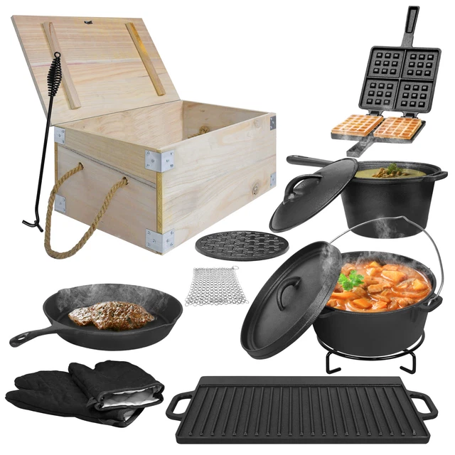 11-tlg Dutch Oven BBQ Kochtopf mit Holzkiste Stieltopf Deckelheber Gusseisen