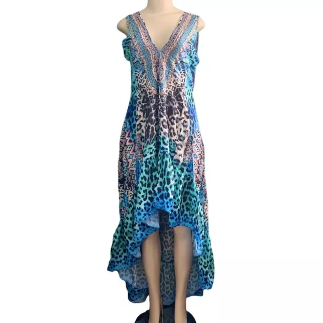 True Colours by La Moda Blue Leopard Print Hi-Low Frill Maxi Dress Coverup Large