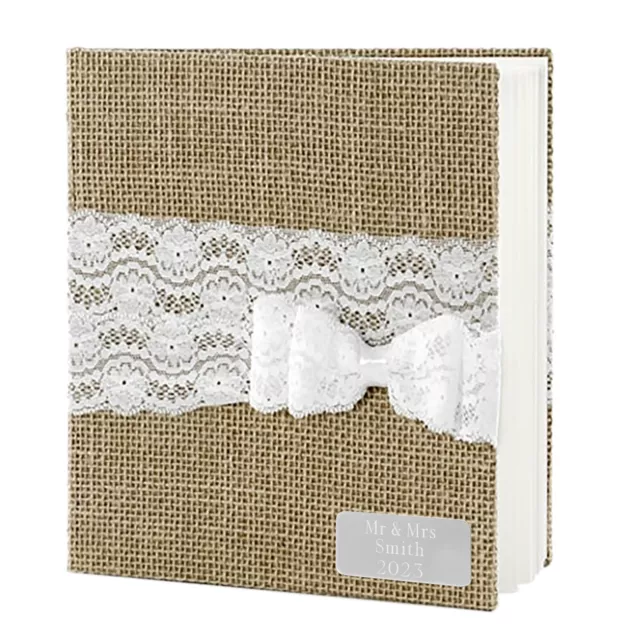 Personalised with Engraved Message, Hessian Burlap Lace & Bow Guest Book