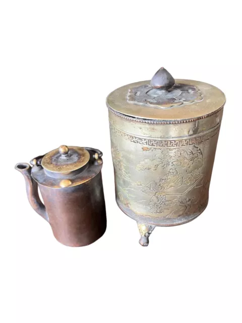 Antique Tea Travel Caddy Teaware Embossed Design Metallic Finish Lid With Finial