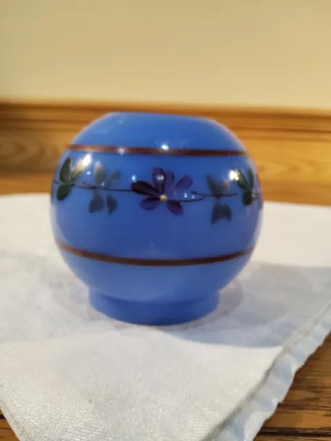 Bristol Blue Milk Glass Banquet Miniature Oil Lamp Ball Shade Painted Flowers