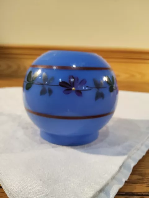 Bristol Blue Milk Glass Banquet Miniature Oil Lamp Ball Shade Painted Flowers