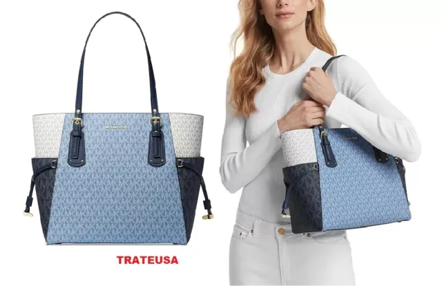 Michael Kors Voyager East West Logo Signature Tote Bag French Blue Multi $298NWT