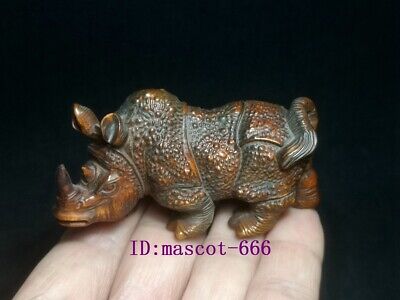 Japanese Boxwood Hand Carved rhinoceros figure Statue old table deco Collection