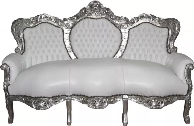 Casa Padrino Barock Sofa King Weiß / Silber Lederoptik - Möbel Wohnzimmer