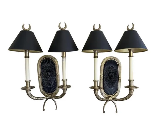 Pair Rare Chapman 1991 Solid Brass Neoclassical Ebony Lions Head Wall Sconces