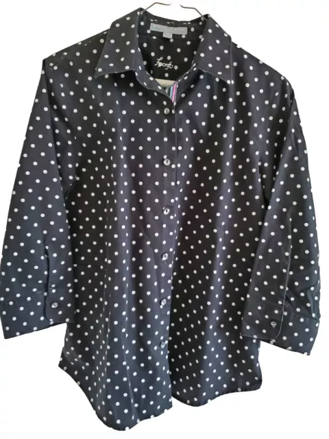 FOXCROFT Shirt Womens 100% Cotton Small Button Up Top Polka Dot 3/4 Sleeve