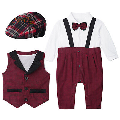 Baby Boys Gentleman Outfits Romper Suit Vest Hat Bow Tie Birthday Set Jumpsuit