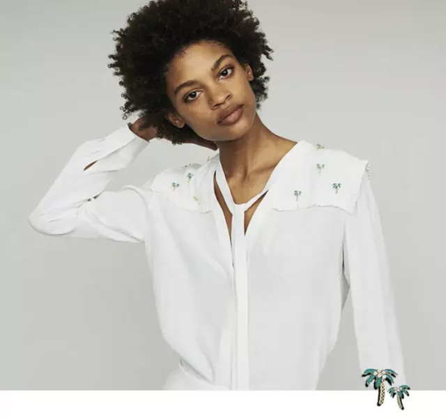 Maje Palm Tree Embellished Tie Neck Blouse Ecru White Size 3 Or Large L NWT