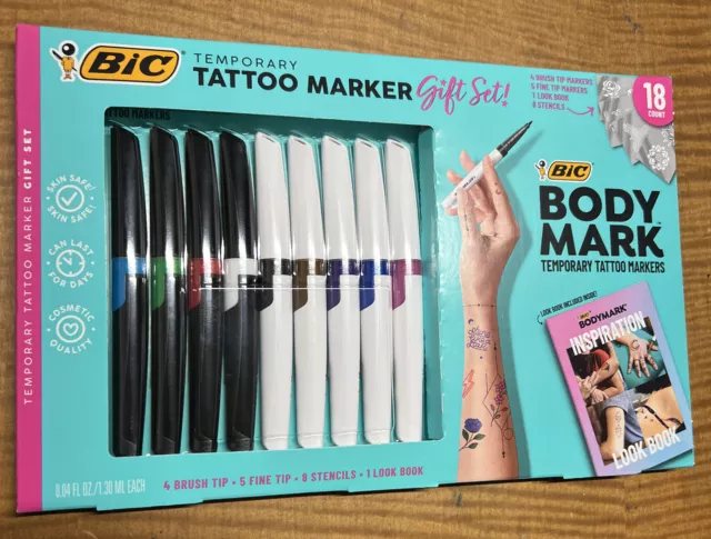 BIC BodyMark Temporary Tattoo Kit: 9 Markers, 5 Stencil Sheets, Inspiration  Book