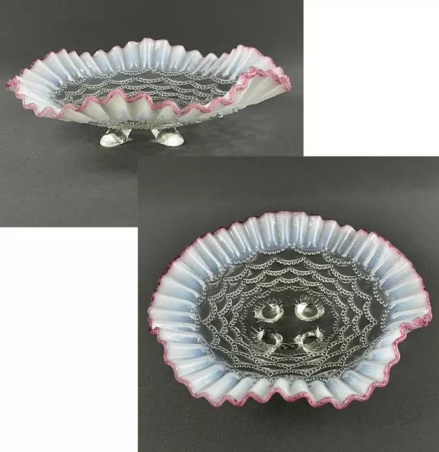 Antique Northwood Opalescent Clear Beaded Drape Glass Bowl Pink Edge 4 Feet 9 in