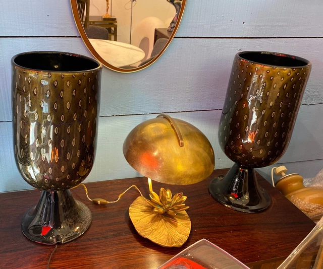 1970′ Paire de Lampes Cristal Murano Noir et Or Attribuées à Toso