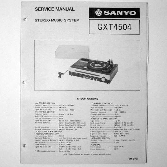SANYO ® Model GXT4504 Stereo Music System - Service Manual © 1978 New