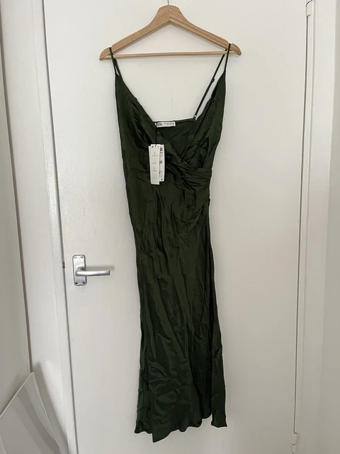 ZARA DARK GREEN Satin Midi Dress - Size M £5.45