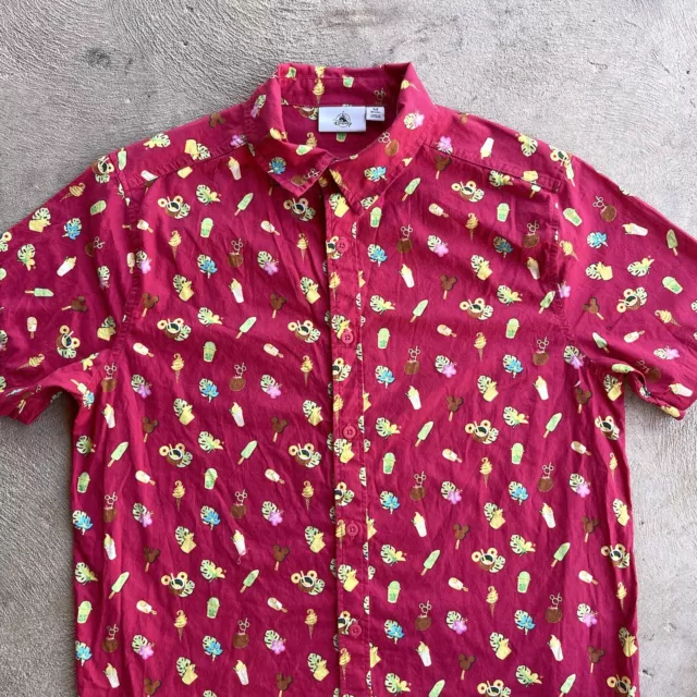 Disney Shirt Mens Medium Button Up Pink Hawaiian Mickey Mouse Ice Cream Preppy