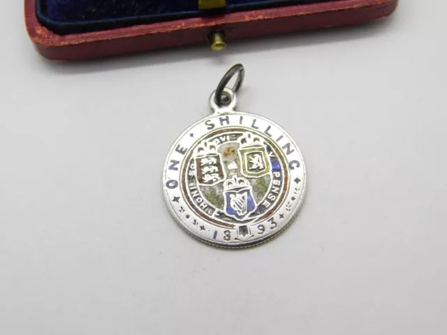 Sterling Silver & Enamel Queen Victoria One Shilling Coin Pendant Antique 1893 2