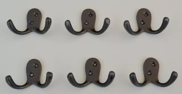 6 X Traditional "Double" 3" Cloakroom Cast Iron Coat Hooks