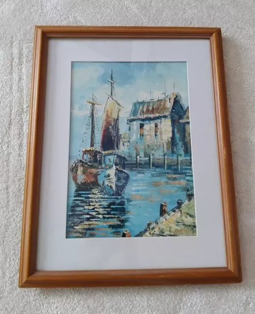 Marie Charlot Oil Painting. Boats in harbour scene. Signed .