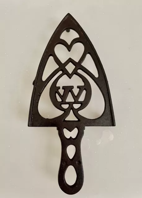 Vintage Cast Iron W Heart 3 footed Cathedral Style Sad Flat Iron Stand Trivet