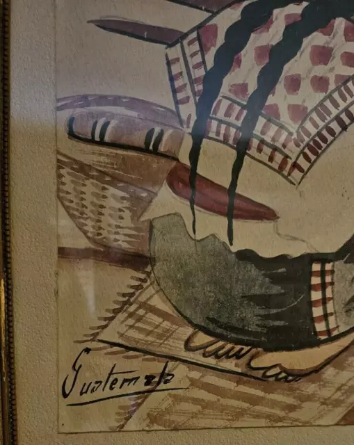 Original Watercolor Guatemalan Painting Signed Girl Weaver 14"x12" Frame Vintage 3
