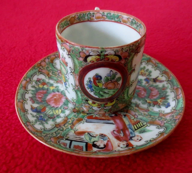 Antique ROSE MEDALLION Hand Painted Enamel Porcelain Mini Cup & Saucer
