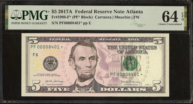 2017A $5 BILL LOW NUMBER 8401 STAR NOTE FRN Fr 1998-F* PMG 64 EPQ 2