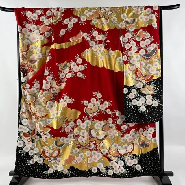 Woman Japanese Kimono Furisode Silk Cherry Blossom Butterfly Gold Foil Red