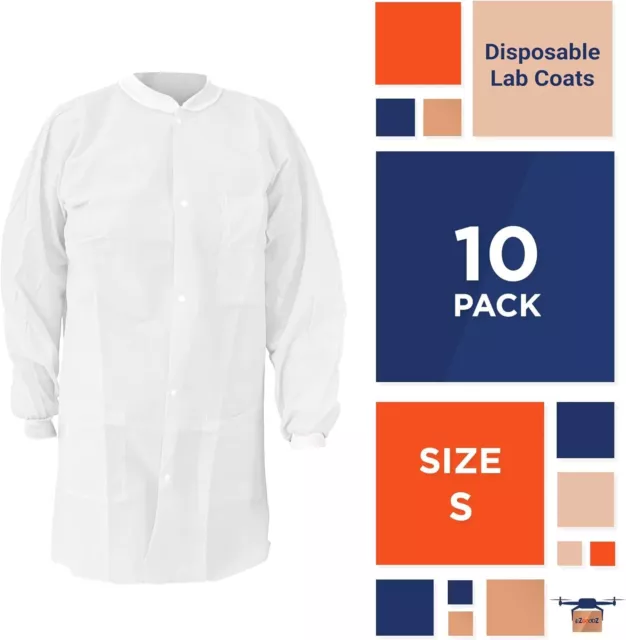 10 Disposable Lab Coats White Small SPP 45 gsm Work Gowns Protective Clothing 2