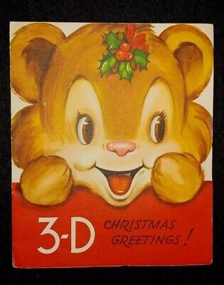 Vtg 3-D Christmas Greetings! Bear Double Folded Used Card-No Glasses