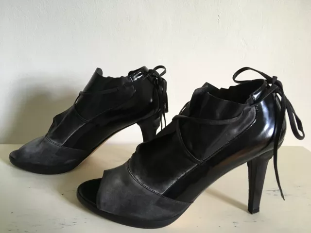 LD Tuttle Titania Wrap Booties Black and Gray Leather Open Toe Heels Ties Size 8 LD Tuttle Titania Wrap Booties Black and Gray Leather Open Toe Heels Ties Size 8