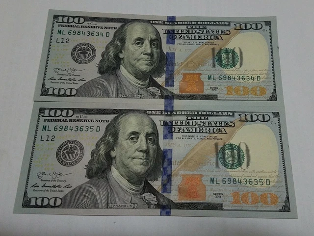 2x 2013~$100 FRN~In SEQUENTIAL ORDER~CRISP COND~GREEN SEAL~RARE
