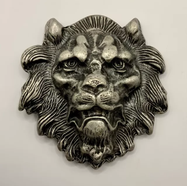 Large Heavy Vintage Lion Head Belt Buckle Italian Made High Quality Old Silver