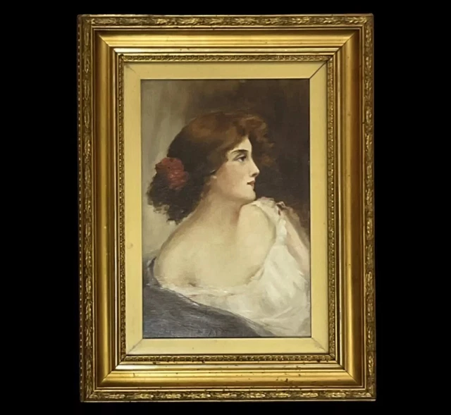 ANTIQUE OIL ON Canvas Profile Painting Of An Edwardian Lady In Giltwood ...