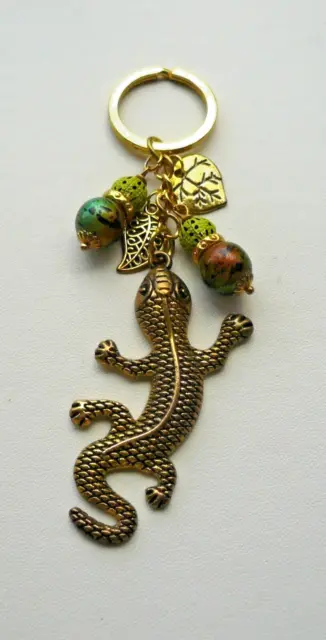 BAG CHARM LIZARD Gecko  Multicoloured Glass Agate Bead  Gold Plate  KCJ1586