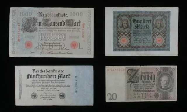1910-1929 Germany 4-Notes Set German Empire 1000 & Weimar 20, 100 & 500 Mark